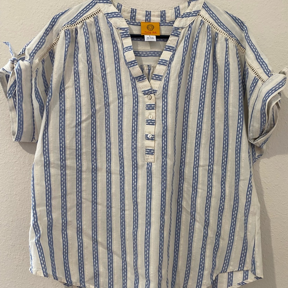 Ruby Rd summer linen shirt, blue and white stripe, size L
